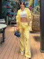 HH Women Yellow Stripe Blouse Pant Suit Loose Long Sleeve Shirt Drawstring Trousers 2024 Female Fashion Streetwear Outfits.