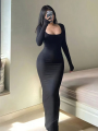 Women's Solid Long Sleeve Bodycon Dress, Chic Basic Minimalist Causual Fashion Scoop Neck Long Dress, Womenswear. 