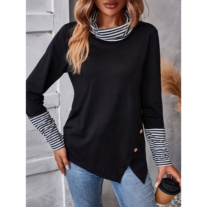 Plus Size 1XL-5XL Woman's Tshirts Turtleneck Long Sleeve Color Matching Knitting Fashion Woman's top t-shirt