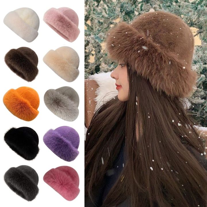 New Fluffy Fur Winter Hat Solid Color Thicken Bucket Hat Cold Windproof Berets Chrismas s
