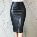 Women PU Leather Midi Skirt Autumn Winter Ladies Package Hip Front or Back Slit Pencil Skirt.