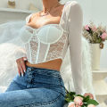 Chic V Neck Long Sleeve Mesh Crop Top, Women Black Backless Lace Embroidery Hollow Out Slim Comfortable Casual Wear Blouse.