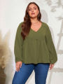plus Size Green V-neck Women's Top Casual Commuter Wind Elegant Mature Style for Autumn 2026 New Collection.