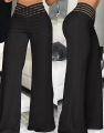 Women Flared Pants Elegant Office Lady Casual High Waist Trousers Spring Summer Solid Crisscross Sheer Mesh Patch Wide Leg Pant.