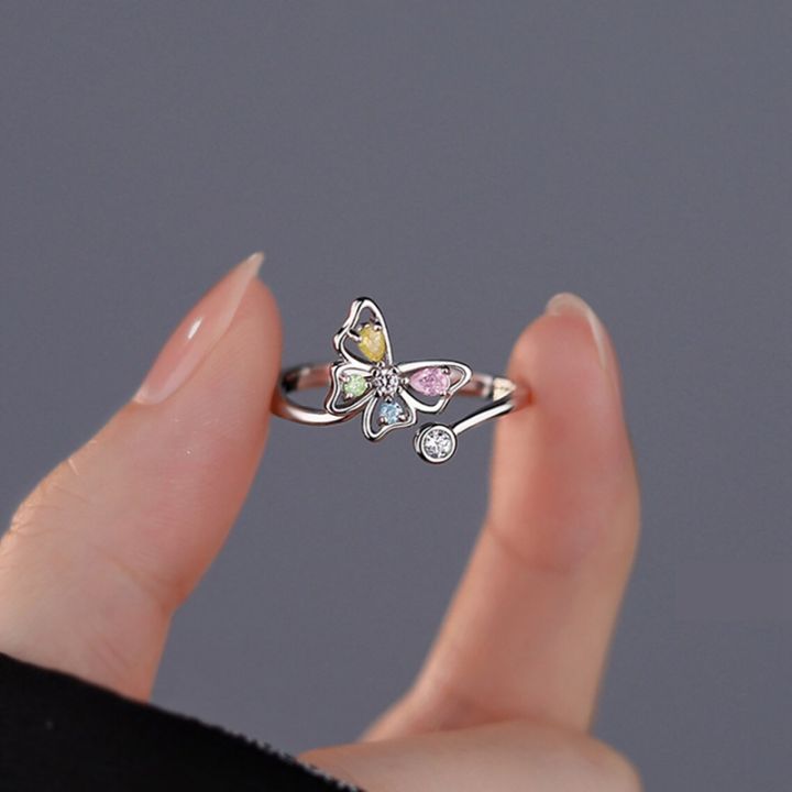 Shiny Crystal Zircon Butterfly Rings for Women Silver Color Girls