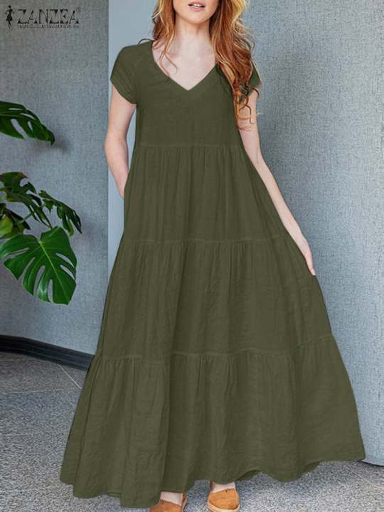 2024%20ZANZEA%20Summer%20Maxi%20Long%20Dress%20Women%20Bohemian%20Holiday%20Sundress%20V%20Neck%20Short%20Sleeve%20Robe%20Femme%20Casual%20Loose%20Ruffles%20Vestidos%20-%20Image%203