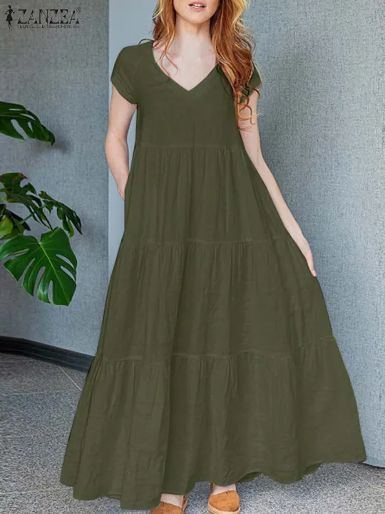 2024%20ZANZEA%20Summer%20Maxi%20Long%20Dress%20Women%20Bohemian%20Holiday%20Sundress%20V%20Neck%20Short%20Sleeve%20Robe%20Femme%20Casual%20Loose%20Ruffles%20Vestidos%20-%20Image%203