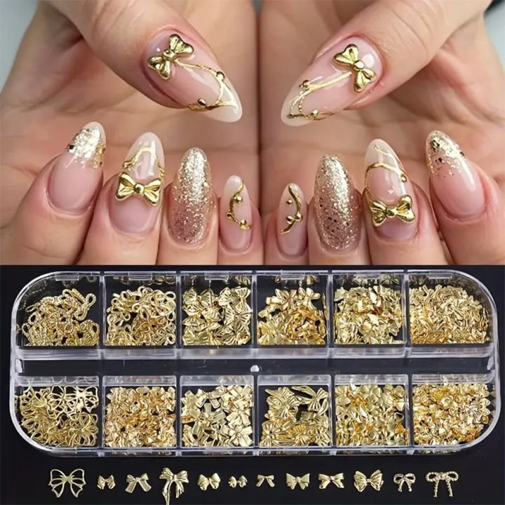 12Grids Metal Bow Nail Art Charm Gold 3D Bowknot Ribbon Nail Decoration Parts DIY Elegant Metallic Manicure Accessories Tools