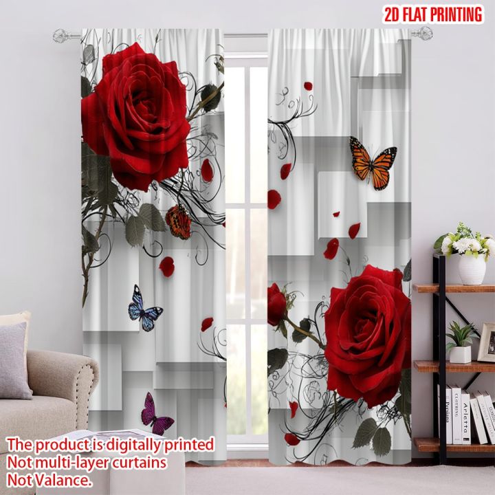 2pcs 2D flat printing Window Curtains Red Rose Butterfly Cubes Digital Printed Polyester Drapes Holiday Decorations Use for