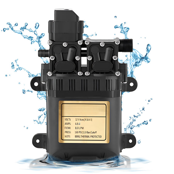 Portable Dual Motor 12V Water Pump Diaphragm Pump Built-in Pressure Switch 1.1Mpa Pressure 8.0LPM Flow Pressure Pump for Home