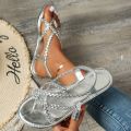 Women's Braided Flat Sandals Casual Clip Toe Summer Shoes Lightweight Elastic Band Sandals Gold Silver Footwear.