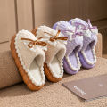 Bow 2025 new cotton slippers women's winter indoor home soft sole non-slip warm plush thick-soled confinement shoes. 