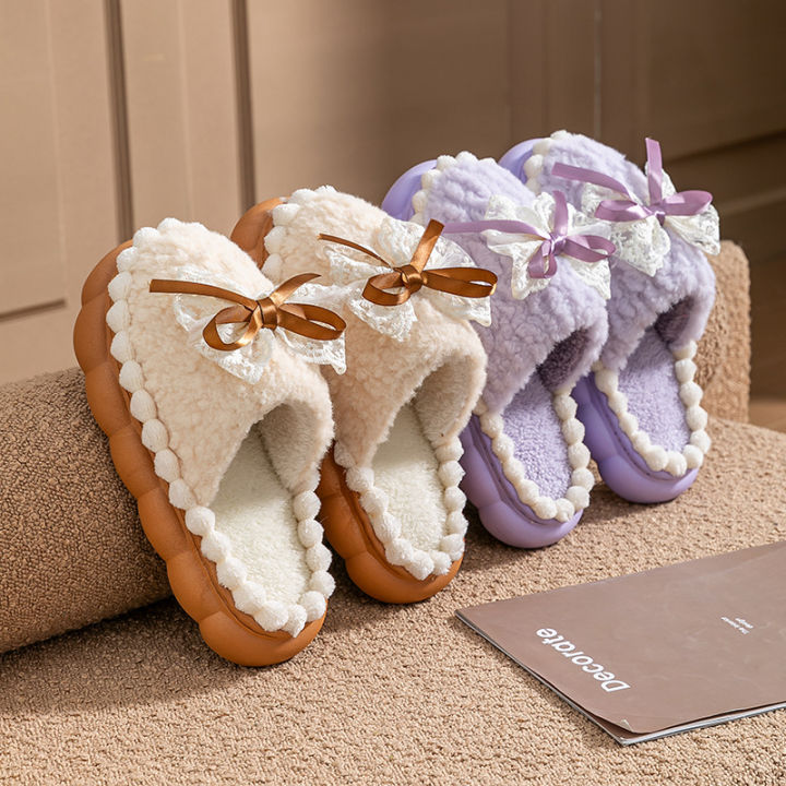Bow 2025 new cotton slippers women's winter indoor home soft sole non-slip warm plush thick-soled confinement shoes