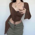 Sexy Vintage Crop Tshirts Long Sleeve Slim T Shirt 2024 Autumn New Korean Style Chic Sweet Y2K Aesthetic Streetwear Female Tee. 