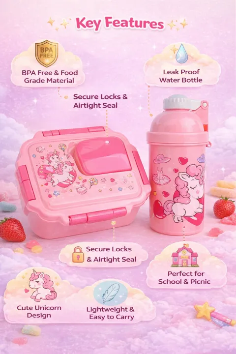 Unicorn Kids Lunch Box with Water Bottle Set – Pink | School Tiffin Box ...