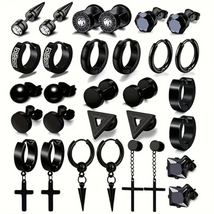30pcs 316L Stainless Steel Cross Stud Earrings Set for Men Women,Tragus Spiral Ear Cartilage Hypoallergenic Piercing Jewelry