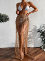 Crochet Tassel Bikini Cover Up Dress Beach Wear Women Tie Up Bather Bathing Suit Tassel Long Skirt Swimsuit Cover Up Beach Dress. 