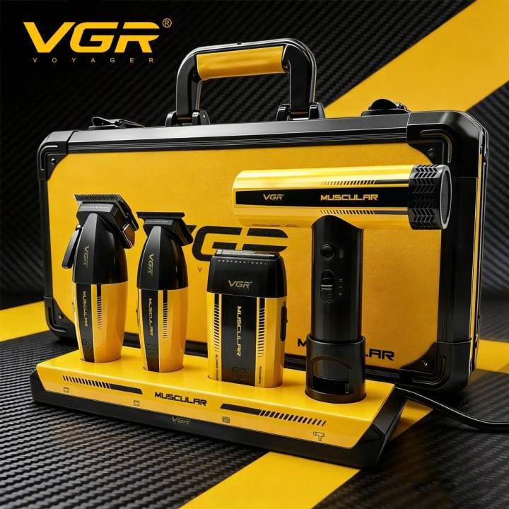 VGR Professional 5-in-1 Barber Grooming Kit | Cordless Hair Clipper, Hair Trimmer, Foil Shaver, Hair Dryer & Charging Base | Rechargeable Professional Salon Set