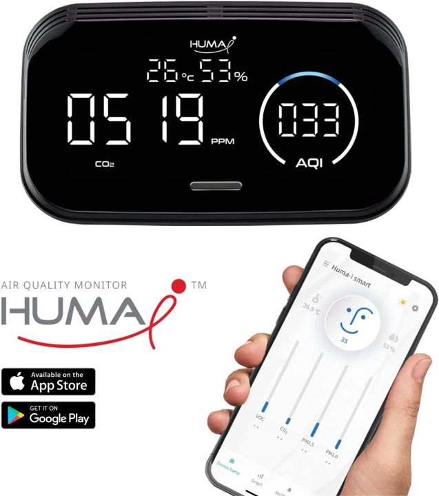 Huma-i Smart (HI-300), Indoor Air Quality Monitor Which Measures CO2, VOC, Particle Matter (PM2.5 PM10 PM1.0), Temperature, Humidity with a Mobile app, Black