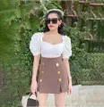 (Freesize) gold button front waist woolen skirt pants (m6877). 