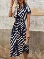 2024 Summer New Fashion Clothing Women's Elegant And Casual V-neck Short Sleeved Stripe Belt Comfortable Dress. 