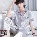 New Ice Silk Pajamas, Men's Summer Short-Sleeved Trousers, Thin High-End Simulated Silk Plus-Size Loose Loungewear Two-Piece Set.