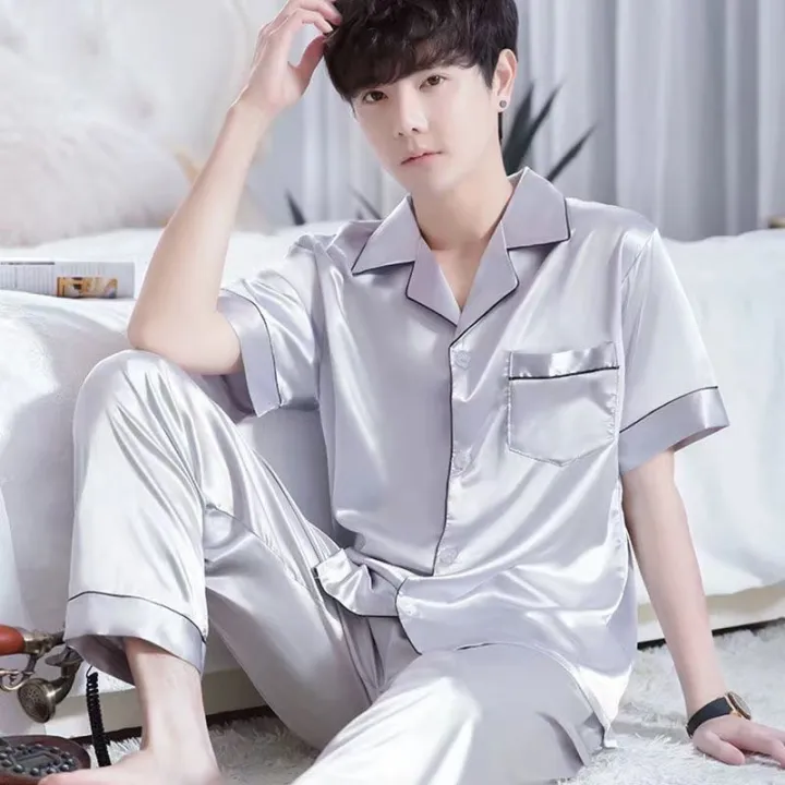 New%20Ice%20Silk%20Pajamas,%20Men's%20Summer%20Short-Sleeved%20Trousers,%20Thin%20High-End%20Simulated%20Silk%20Plus-Size%20Loose%20Loungewear%20Two-Piece%20Set%20-%20Image%205