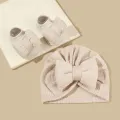 2Pcs Newborn Baby Bow Hat Socks Set Solid Color Cotton Infant Girls Turban Cap Anti-slip Socks. 