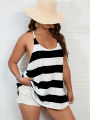 Plus Size Tank Top Casual, V-neck Plus Stripe Print Micro Elastic Camo Top for Women. 