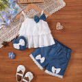 3Pcs Baby girl Lace Ruffled Camisole Top+Bow shorts+Heart mini bag Set suitable for 0-3 Year Baby girl Summer Fashion Set. 