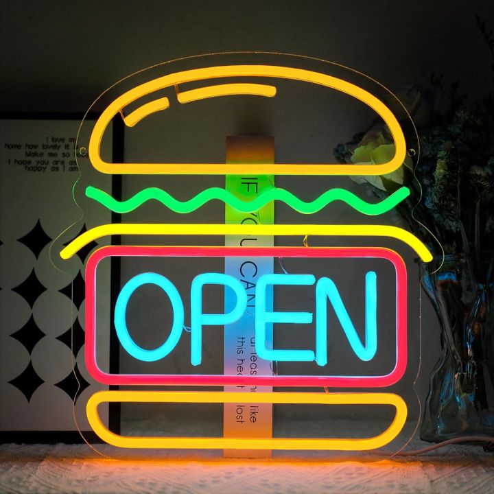 Burgers Open Neon Sign For Wall Decor Led For Business Food Neon Light Room Decor For Bar Party Snack Shop Restaurant 