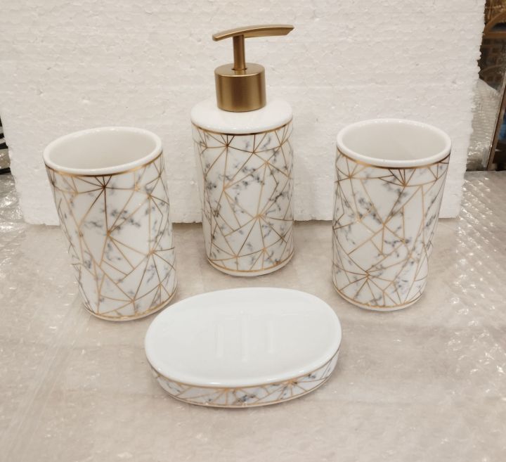 4 Pcs - Ceramic Bathroom Accessories Set with Soap Holder, Toothbrush Holder, Soap Dish- White Black Color