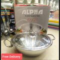 Alpha Stainless Steel Wok [24, 26, 28, 30, 32, 36, 40 & 45cm] | Double Bottom / Encapsulated Bottom Karahi With Glass Lid. 