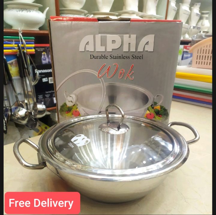 Alpha Stainless Steel Wok [24, 26, 28, 30, 32, 36, 40 & 45cm] | Double Bottom / Encapsulated Bottom Karahi With Glass Lid