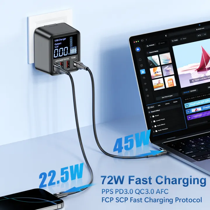 ASOMETECH%2072W%20GaN%20USB%20Charger%204%20Port%20With%20LED%20Display%20QC3.0%20PD3.0%20PPS%2045W%20USB%20C%20Fast%20Charger%20For%20iPhone%2016%20iPad%20%20%20-%20Image%204
