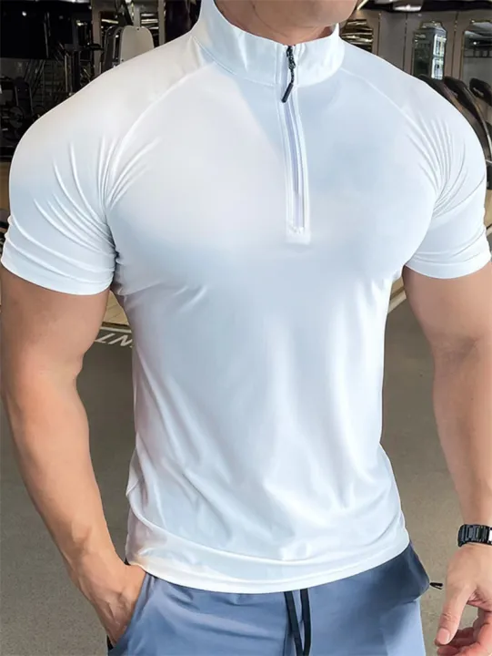 NEW%20Men's%20sports%20T-shirt%20Quick%20Dry%20Compression%20Running%20t%20Shirt%20Men%20Fitness%20short%20sleeve%20Shirt%20%20Zippered%20round%20neck%20Tights%20Tops%20-%20Image%205