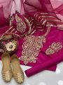 Fancy katan silk heavy embroidered Unstitched dress for women. 