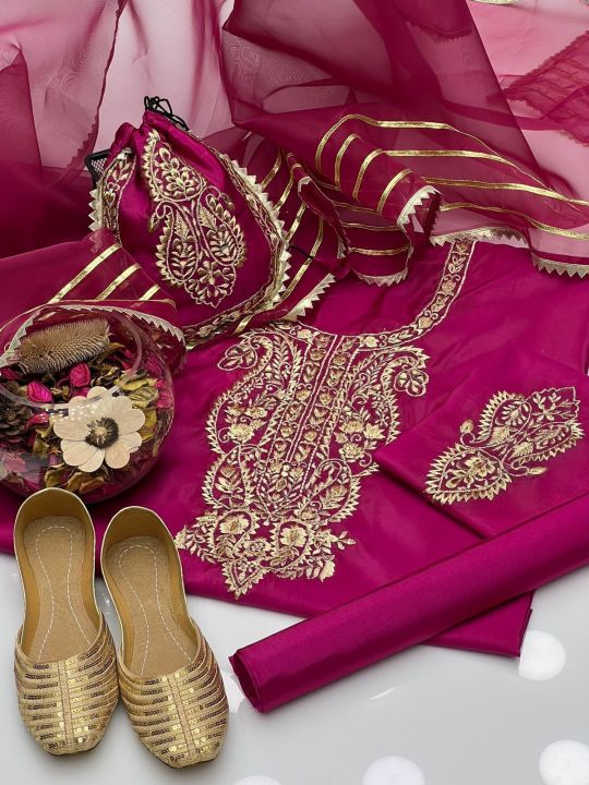 Fancy katan silk heavy embroidered Unstitched dress for women