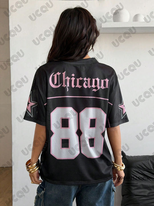 Summer%20New%20Chicago%20No.88%20Print%20T%20Shirt%20For%20Women%20V-Neck%20Patchwork%20Short%20Sleeve%20Sports%20Football%20Jersey%20Y2K%20Loose%20Oversized%20Tops%20-%20Image%202