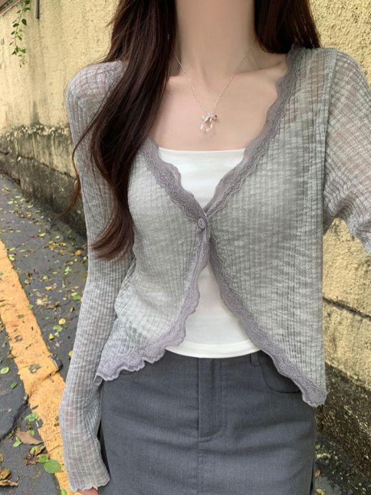 Lace%20Trim%20One%20Button%20Long%20Sleeve%20Crop%20Top%20Women%20Short%20Sleeve%20Open%20Front%20Ribbed%20Knit%20Cardigan%20Sweater%20Summer%20Fairycore%20Outfit%20-%20Image%203