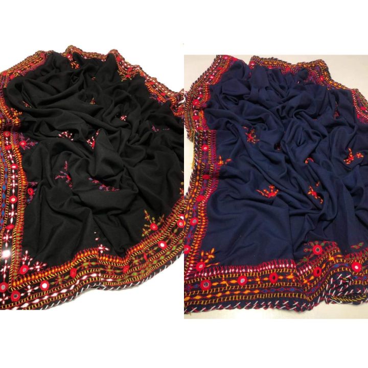Hand made chadar 2 colours Blue &Black  4 side Balochi embroidery with mirror work   Fabric :Swiss lawn