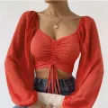ALLUKASA Sexy Mesh Lantern Sleeves Drawstring Wrap Chest Bare Midriff T Shirt Women Long Sleeves Bottoming. 