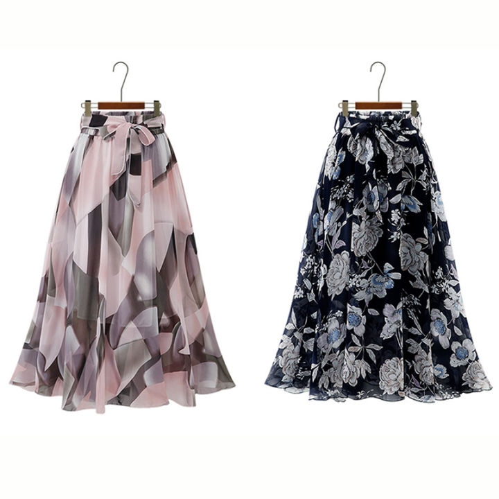 2024%20Summer%20Print%20Floral%20Skirts%20For%20Women%20Casual%20Loose%20Elastic%20Waist%20Plus%20Size%20Skirt%20Belt%20A-line%20Chiffon%20Beach%20Saias%20Midi%20Femme%20-%20Image%204