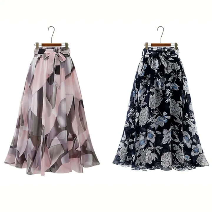 2024%20Summer%20Print%20Floral%20Skirts%20For%20Women%20Casual%20Loose%20Elastic%20Waist%20Plus%20Size%20Skirt%20Belt%20A-line%20Chiffon%20Beach%20Saias%20Midi%20Femme%20-%20Image%204