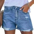 Factory direct sales women's summer shorts loose straight cylinder wide leg roll edge worn blue black cotton for women. 