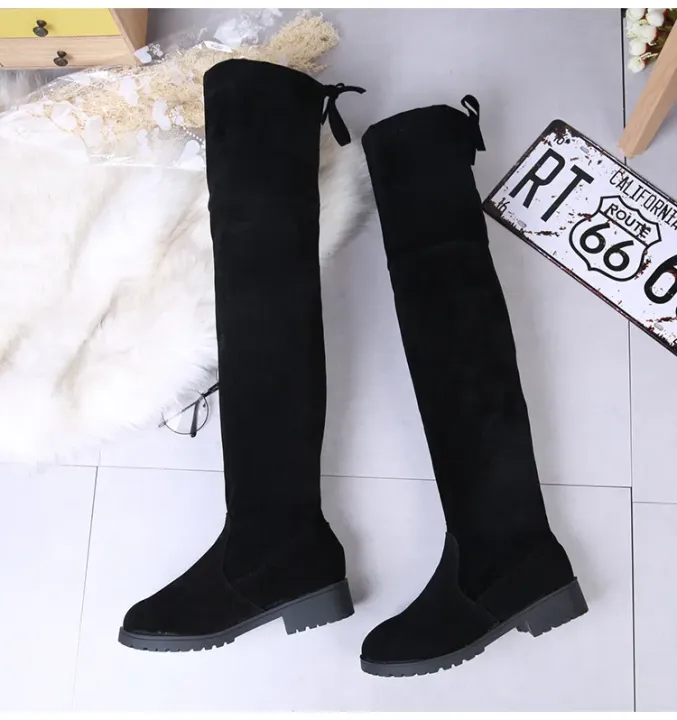 2025%20Faux%20Suede%20Female%20Heels%20Autumn%20Winter%20Elastic%20Knee-high%20Boots%20for%20Women%20Tube%20Lace-up%20Thigh%20Boots%20Black%20Botas%20-%20Image%204