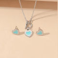 Fashion Blue Heart  OT Buckle Necklace Tiny Stud Earrings Set Women's Charming Delicate Silver Color Jewelry. 