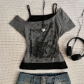 Y2k Slim Fit Print Tops Women Off Shoulder Short Sleeve Tee Shirt Neploe American Vintage Fake Two Piece Halter Lace Up T-shirts. 