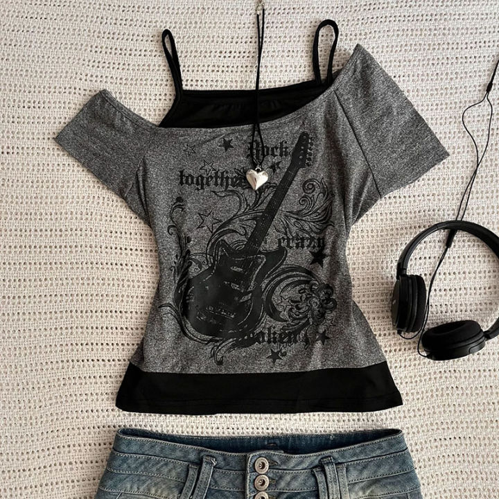 Y2k%20Slim%20Fit%20Print%20Tops%20Women%20Off%20Shoulder%20Short%20Sleeve%20Tee%20Shirt%20Neploe%20American%20Vintage%20Fake%20Two%20Piece%20Halter%20Lace%20Up%20T-shirts%20-%20Image%202