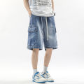 Summer Workwear Denim Shorts Street Men's Loose Straight Shorts Stretch Waist Casual Jogging Outdoor Five-Cubic Pants. 